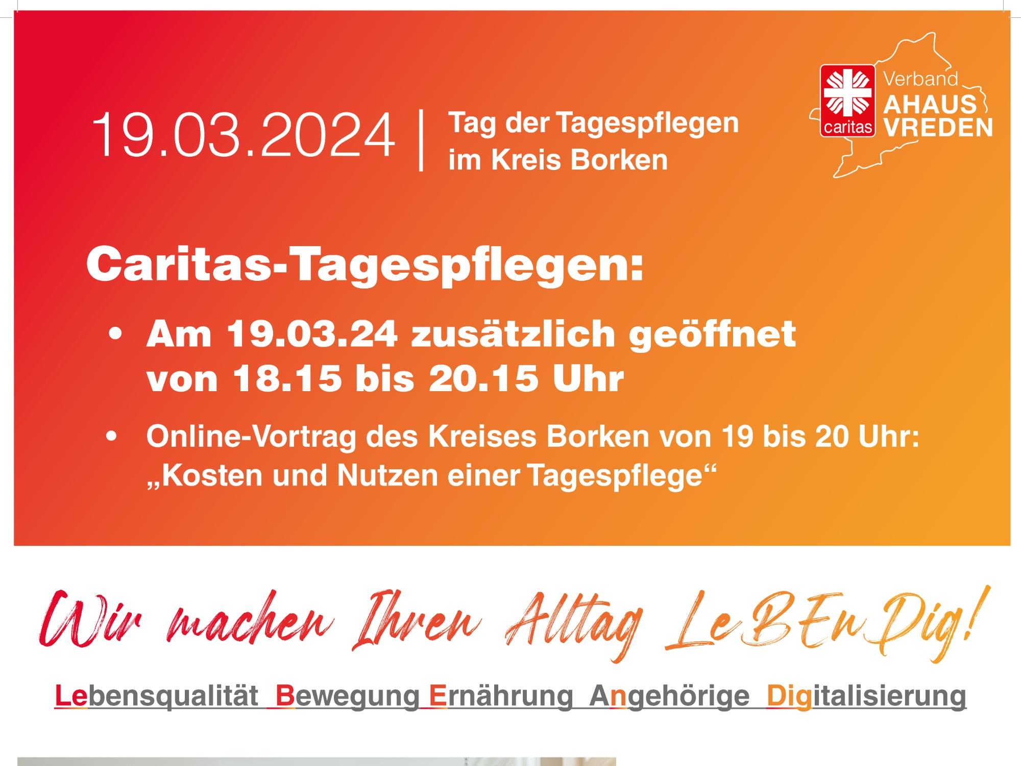 Die Caritas-Tagespflegen sind am 19. März zusätzlich von 18.15 bis 20.15 Uhr geöffnet.