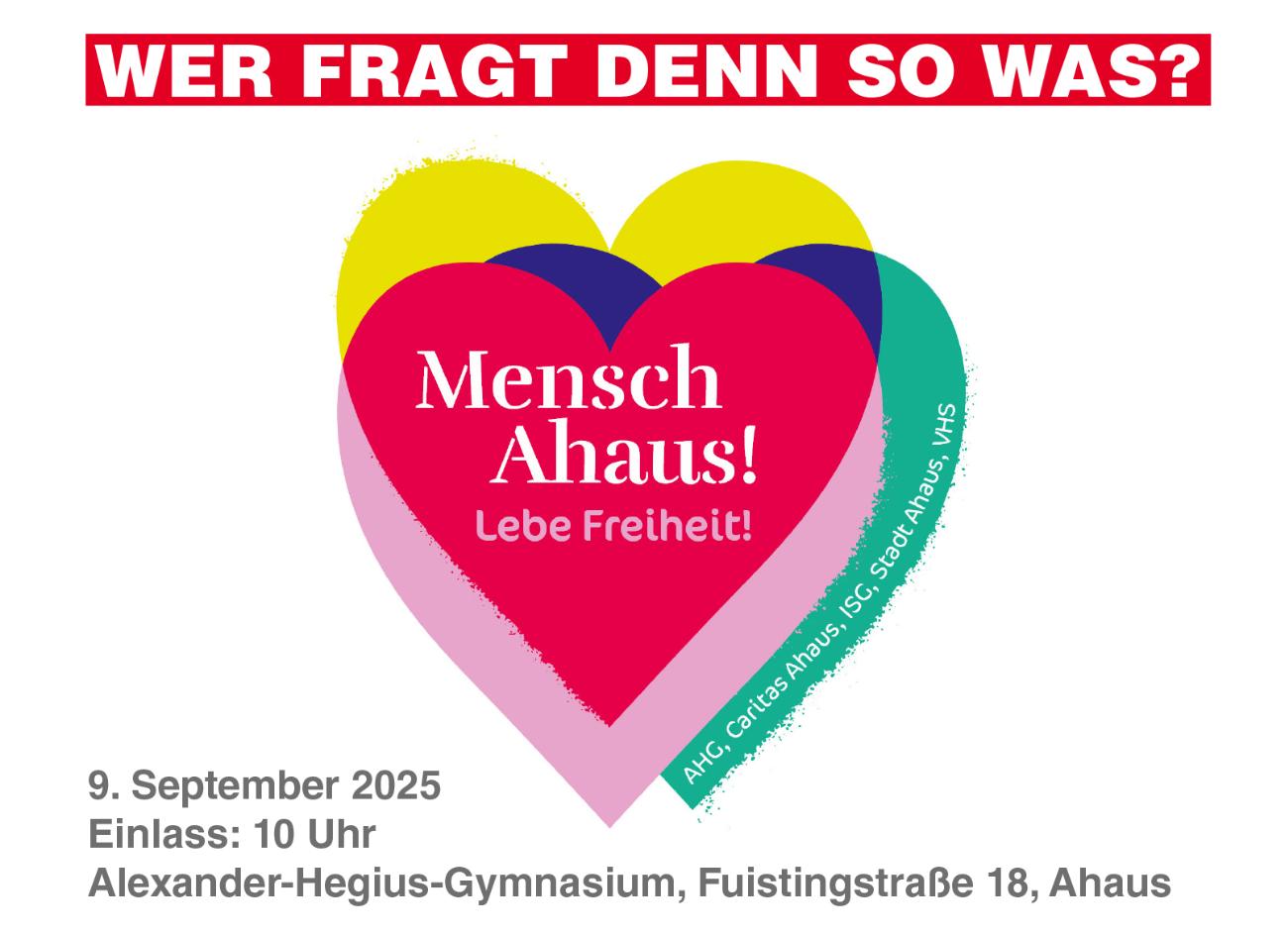 Die Postkarte trägt den Titel Wer fragt denn so was? Mensch Ahaus! Lebe Freiheit!
