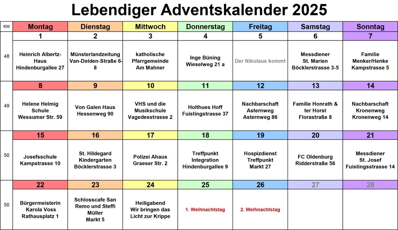 Die Termine des Lebendigen Adventskalenders 2025 in Ahaus