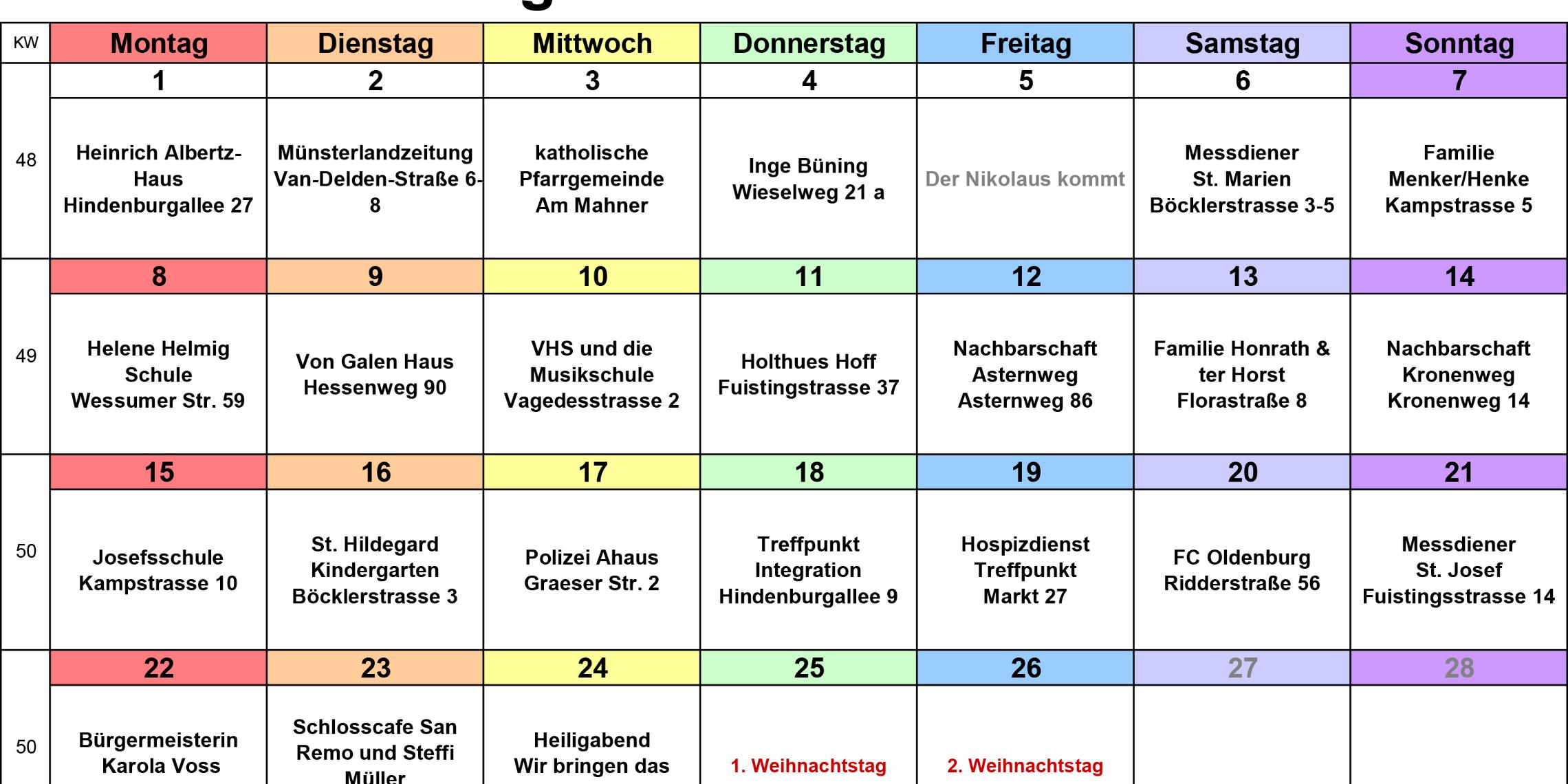 Die Termine des Lebendigen Adventskalenders 2025 in Ahaus